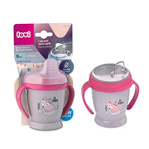 LOVI Mi Taza Antigoteo de Bebé | Vaso de Aprendizaje Antiderrames | 210 ml | 9+ Months | Beber sin Derramar | Sin BPA | Boquilla de Silicona Suave | Fácil de Limpiar| Rosa
