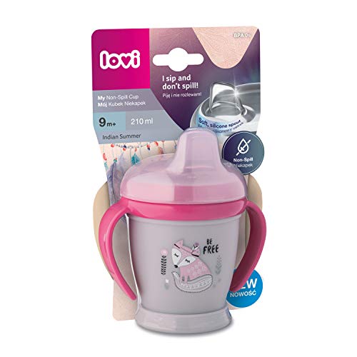 LOVI Mi Taza Antigoteo de Bebé | Vaso de Aprendizaje Antiderrames | 210 ml | 9+ Months | Beber sin Derramar | Sin BPA | Boquilla de Silicona Suave | Fácil de Limpiar| Rosa