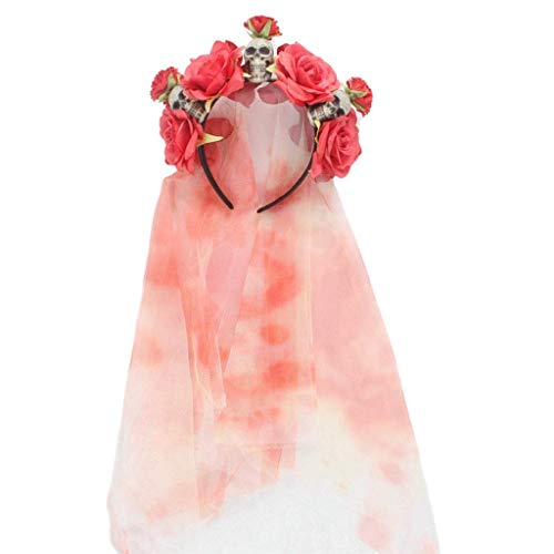 LQH Muchachas de Las Mujeres de Halloween la Cabeza con el Velo Largo de Malla Artificial Pequeños Flor de Rose Resina cráneos de Pelo de la Corona del aro Rojo (Color : Purple)