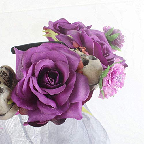 LQH Muchachas de Las Mujeres de Halloween la Cabeza con el Velo Largo de Malla Artificial Pequeños Flor de Rose Resina cráneos de Pelo de la Corona del aro Rojo (Color : Purple)