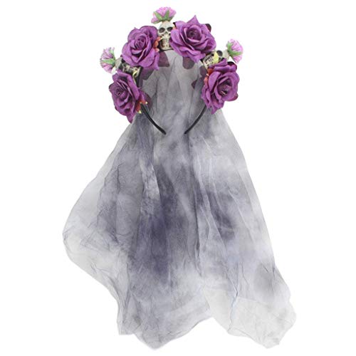 LQH Muchachas de Las Mujeres de Halloween la Cabeza con el Velo Largo de Malla Artificial Pequeños Flor de Rose Resina cráneos de Pelo de la Corona del aro Rojo (Color : Purple)