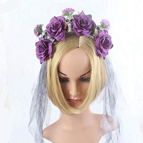 LQH Muchachas de Las Mujeres de Halloween la Cabeza con el Velo Largo de Malla Artificial Pequeños Flor de Rose Resina cráneos de Pelo de la Corona del aro Rojo (Color : Purple)