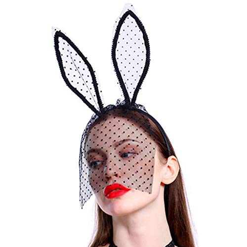 LQH Orejas de Conejo Mujeres Atractivas de Halloween con Banda de sujeción con la Media Cara de Encaje de Punto Velo del aro del Pelo