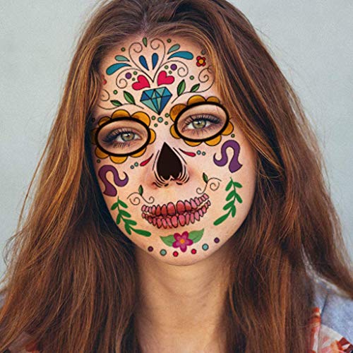 LQH Suministros del Favor de Halloween Cara Tatuajes temporales Pegatinas cráneo del azúcar del Esqueleto de la Cubierta del Partido Unisex Mexicana Floral
