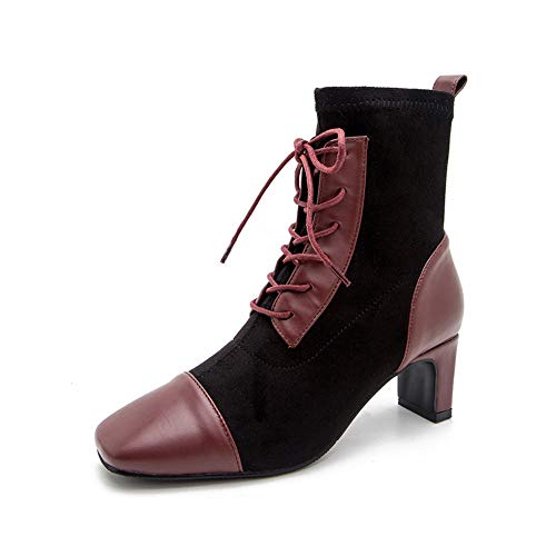 LRZ Botas Martin Mujeres Zapatos De Cabeza Plana Cuadrada Ocio Antideslizante con Cordones De Tubo Corto Botines Martin,36