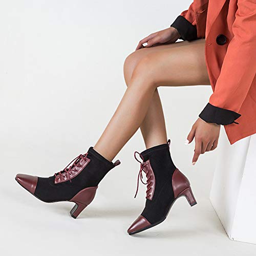 LRZ Botas Martin Mujeres Zapatos De Cabeza Plana Cuadrada Ocio Antideslizante con Cordones De Tubo Corto Botines Martin,36