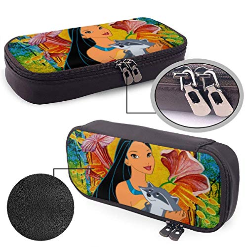 Lsjuee Estuche de cuero para lápices Anime Pocahontas y Meeko Estuche para bolígrafos Estuche para lápices Papelería Maquillaje cosmético Bolsa con doble cremallera para adultos Niñas Niños Escuela O