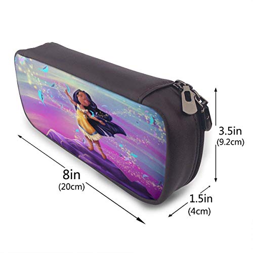 Lsjuee Estuche para lápices de cuero Anime Pocahontas Kid Leaves Estuche para bolígrafos Estuche para papelería Maquillaje cosmético Bolsa con doble cremallera para adultos Niñas Niños Escuela Oficin