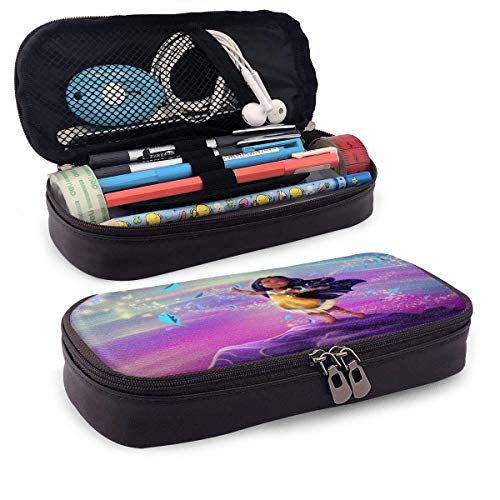 Lsjuee Estuche para lápices de cuero Anime Pocahontas Kid Leaves Estuche para bolígrafos Estuche para papelería Maquillaje cosmético Bolsa con doble cremallera para adultos Niñas Niños Escuela Oficin