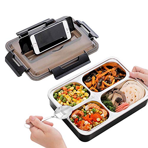 LtaoL 4 Fiambrera de Acero Inoxidable a Prueba Fugas Compartimentos, Forro extraíble Que Puede Agregar Agua Caliente Fondo Hielo Mantiene la Comida y Fresca, para Escuela Oficina