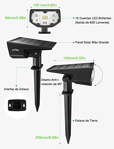 Luces Solares Led Exterior Jardin Impermeable IP67 focos solares exterior 12 LED Inalámbrico 2 en 1 Lamparas Solares para Piscina Cesped Jardín Patio Jardín Calzada Porche Pasarela(4 Paquetes)