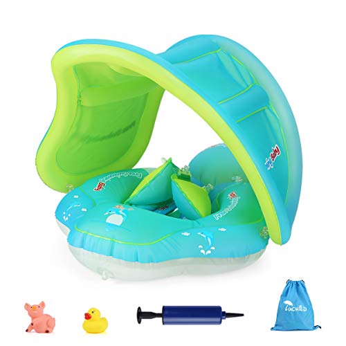 Luchild Flotador de Natación para Bebés, Anillo de Natación Bebé Juguetes de Piscina Inflable de Piscina Nadar Anillo para Niños Bebés, con Bomba Manual, Juguetes Flotantes y Toldo（6-30 Meses）