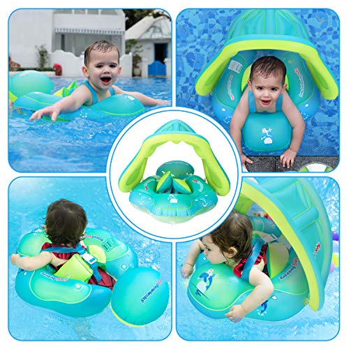 Luchild Flotador de Natación para Bebés, Anillo de Natación Bebé Juguetes de Piscina Inflable de Piscina Nadar Anillo para Niños Bebés, con Bomba Manual, Juguetes Flotantes y Toldo（6-30 Meses）