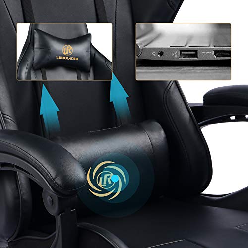 LUCKRACER Silla Gaming Escritorio Cojín Lumbar para Masaje con Reposapiés Oficina Cojín Lumbar para Masaje Giratoria Reposabrazos de Carreras Respaldo Alto de Cuero PU Negro