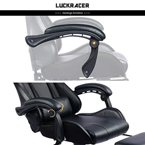 LUCKRACER Silla Gaming Escritorio Cojín Lumbar para Masaje con Reposapiés Oficina Cojín Lumbar para Masaje Giratoria Reposabrazos de Carreras Respaldo Alto de Cuero PU Negro