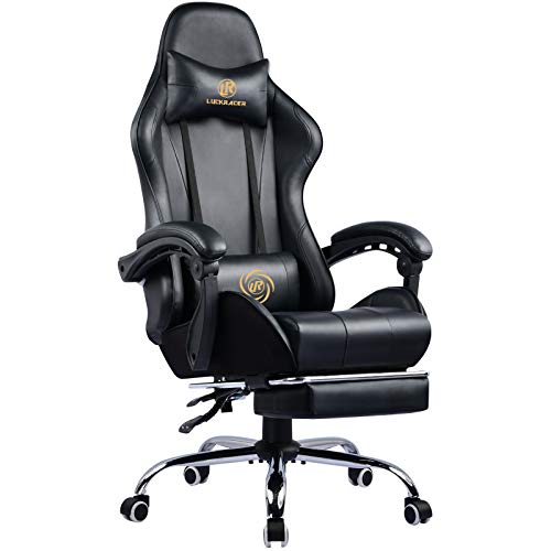 LUCKRACER Silla Gaming Escritorio Cojín Lumbar para Masaje con Reposapiés Oficina Cojín Lumbar para Masaje Giratoria Reposabrazos de Carreras Respaldo Alto de Cuero PU Negro