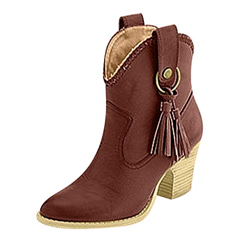 Luckycat Botines Militares Tacón Ancho Medio para Mujer Invierno Primavera 2019 Botas Borla Bajo Cuña Forradas Cortas Tobillo Zapatos Piel sintético Leopardo Señora Tallas Grandes 34-43 5cm