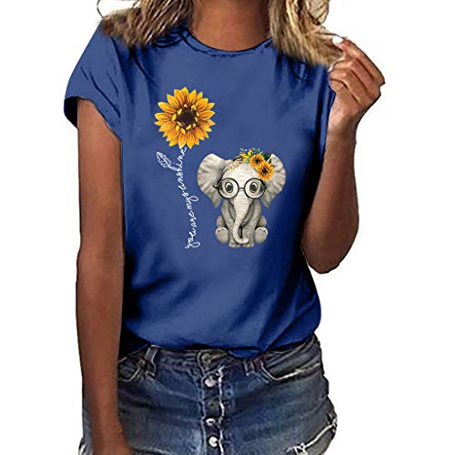 Luckycat Camisetas de Mujer Manga Corta Girasol Elefante Impresión Blusa Basica Camiseta Suelto Casual Verano T Shirt Cuello Redondo Camisa Tops Mujer 2019 Verano Camisa de Fiesta Sexy Tops de Playa