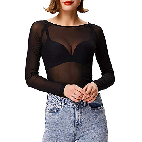 Luckycat Mujeres Malla Perspectiva Blusa Transparente Camisetas de Manga Larga Short Tops Mujeres de Encaje Malla Perspectiva Hueco hacia Fuera de Cuello Redondo de Borla Crochet Blusa Camisas