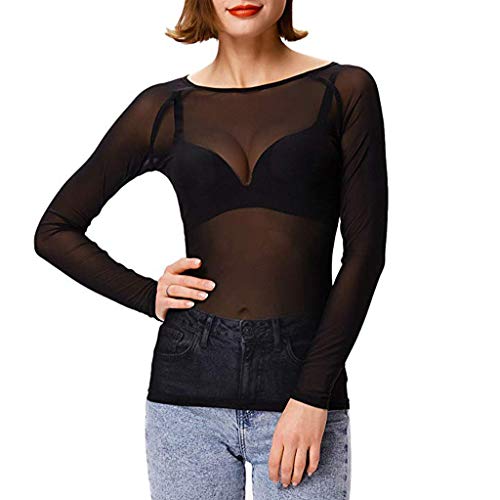 Luckycat Mujeres Malla Perspectiva Blusa Transparente Camisetas de Manga Larga Short Tops Mujeres de Encaje Malla Perspectiva Hueco hacia Fuera de Cuello Redondo de Borla Crochet Blusa Camisas