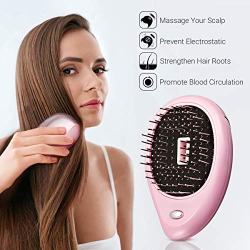 Luckyfine Cepillo de Pelo Ionico Portátil Cepillo para Desenredar Mini Cepillo de Pelo de Iónico Negativo Cepillo de Masaje de Cuero Cabelludo Vibrante Peine para Cabello Antiestático Rosado