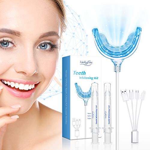 Luckyfine Kit de Blanqueamiento Dental Profesional,Blanqueador de Dientes-Fórmula Suave,Sin Peróxido de Hidrógeno,Apto para Dientes Sensibles-2x15ML Gel, 1x Luz LED