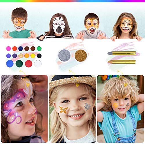 Luckyfine Kit de Pinturas Faciales y Corporales - 16 x Pinturas Corporales, 4 x Pinturas Fluroscentes UV Glow, 2 x Brillos, 2 x Tinte de Pelo - Seguro y No toxico para Niños y Embarazadas