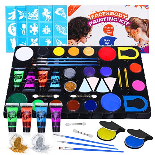 Luckyfine Kit de Pinturas Faciales y Corporales - 16 x Pinturas Corporales, 4 x Pinturas Fluroscentes UV Glow, 2 x Brillos, 2 x Tinte de Pelo - Seguro y No toxico para Niños y Embarazadas