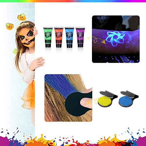 Luckyfine Kit de Pinturas Faciales y Corporales - 16 x Pinturas Corporales, 4 x Pinturas Fluroscentes UV Glow, 2 x Brillos, 2 x Tinte de Pelo - Seguro y No toxico para Niños y Embarazadas