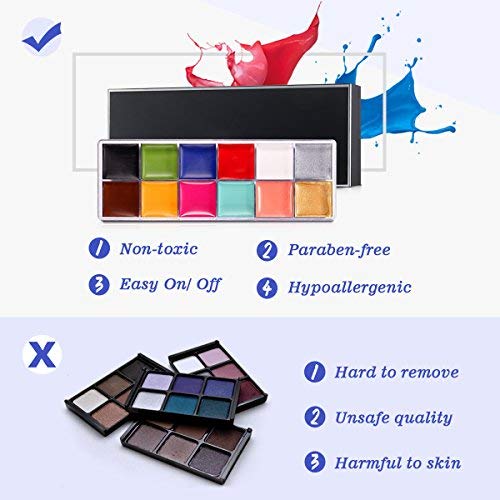 Luckyfine Pinturas Corporales y Cara, Body Paint, Maquillaje Halloween Carnaval Set, 12 Colores + 4 Cepillos