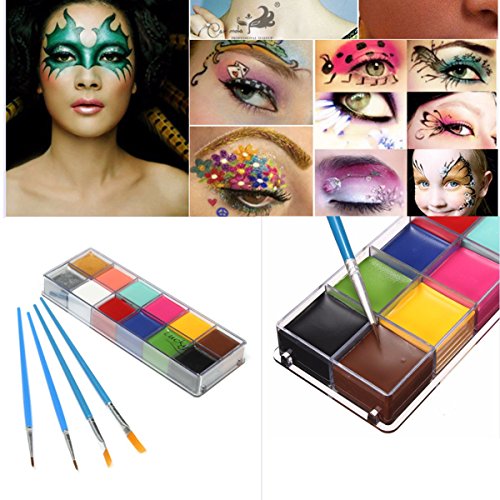 Luckyfine Pinturas Corporales y Cara, Body Paint, Maquillaje Halloween Carnaval Set, 12 Colores + 4 Cepillos