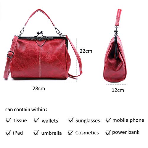 LUI SUI Bolso Retro de Mujer, Monedero de Cuero de PU Bolso de asa Superior Vintage Bolso de Hombro Crossbody Kiss Lock para Damas