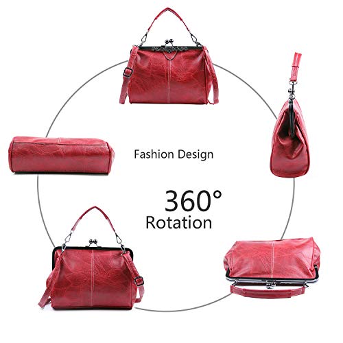 LUI SUI Bolso Retro de Mujer, Monedero de Cuero de PU Bolso de asa Superior Vintage Bolso de Hombro Crossbody Kiss Lock para Damas