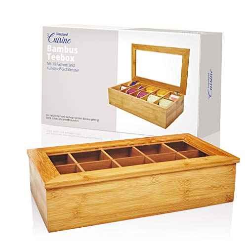 Lumaland Cuisine Caja de té de bambú con 10 Compartimentos de Aprox 36,7 x 20 x 9 cm Material sostenible práctico y Decorativo