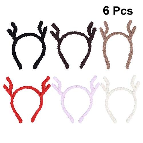 Lurrose 6 Piezas Diadema de Asta de Reno Diademas de Navidad de Felpa Tocado para Fiesta Rendimiento Suministro para Año Nuevo