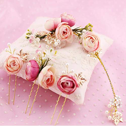 Lurrose - Juego de 4 horquillas para el pelo con diseño de flores de camelia y peinetas para bodas, color rosa