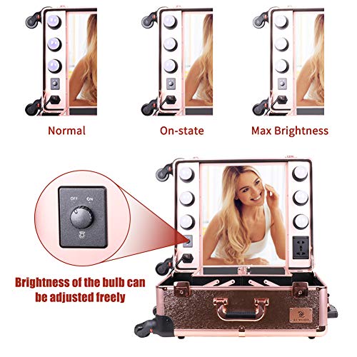LUVODI Maleta Maquillaje Profesional, Maletín de Cosméticos con Ruedas, Maletín Trolley de Maquillaje, con Espejo y 6 Bombillas LED, Color Oro Rosa