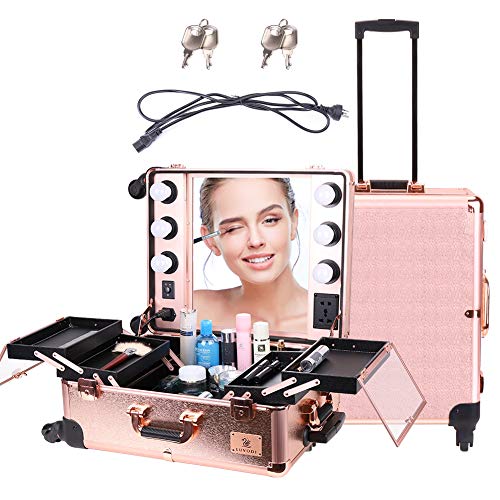 LUVODI Maleta Maquillaje Profesional, Maletín de Cosméticos con Ruedas, Maletín Trolley de Maquillaje, con Espejo y 6 Bombillas LED, Color Oro Rosa