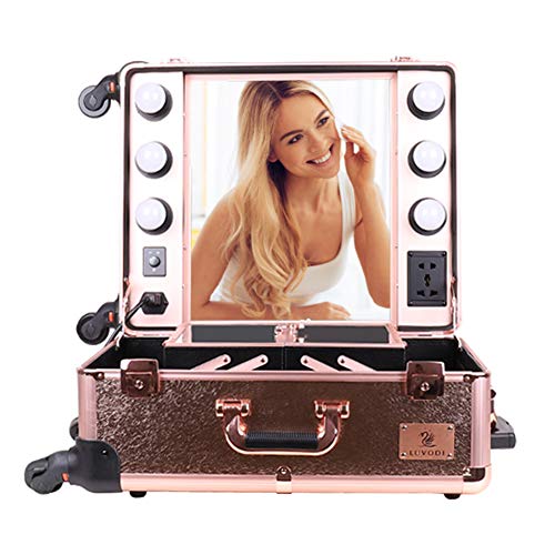 LUVODI Maleta Maquillaje Profesional, Maletín de Cosméticos con Ruedas, Maletín Trolley de Maquillaje, con Espejo y 6 Bombillas LED, Color Oro Rosa