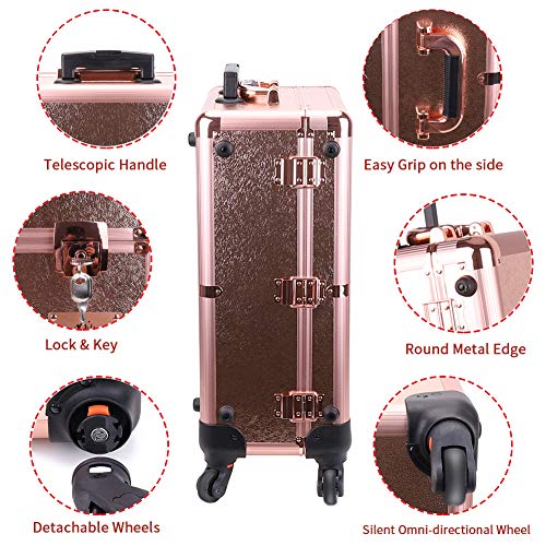 LUVODI Maleta Maquillaje Profesional, Maletín de Cosméticos con Ruedas, Maletín Trolley de Maquillaje, con Espejo y 6 Bombillas LED, Color Oro Rosa