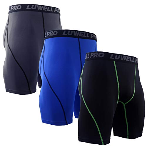 LUWELL PRO 3 Piezas Mallas Hombre de Secado Rápido para Pantalon Corto Hombre Deporte para Gym, Yoga, Running(Negro Gris Azul-M)
