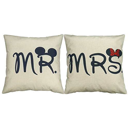 Luxbon 2 Fundas de Cojín Almohada Lino Duradero Mr & Mrs Regalos de San Valentín Decoración para Sofá Cama Coche Pareja 18x18" 45x45 cm