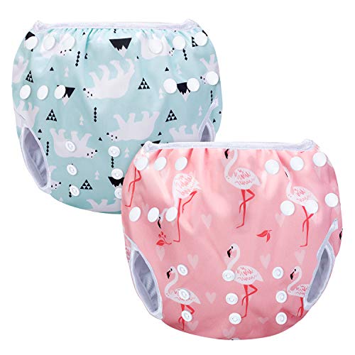Luxja Pañal de Natación para bebes Bañador Reutilizable de Nadar de Bebé Pañal lavable para Bebé (0-3 años), Flamenco rosado + oso polar