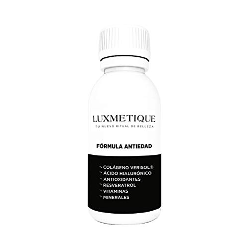Luxmetique Fórmula Antiedad - nutricosmético para cuidar y rejuvenecer la piel con Colágeno hidrolizado, Ácido Hialurónico, Antioxidantes y Vitaminas. Resultados a corto plazo en piel, pelo y uñas.