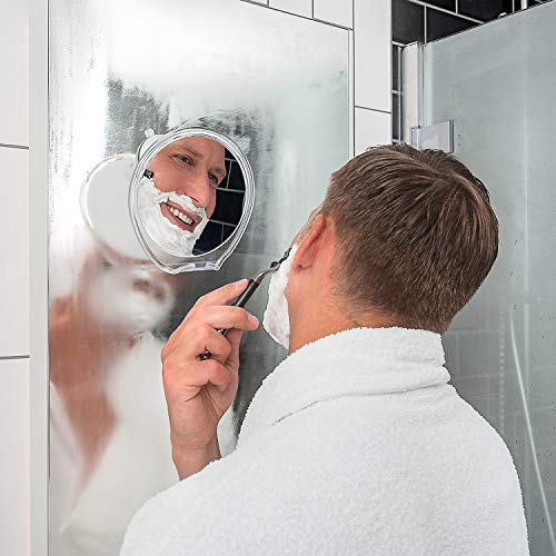 Luxo Espejo de baño sin niebla con revestimiento antivaho en una ventosa de potencia, espejo de ducha con soporte para maquinilla de afeitar y pinzas.