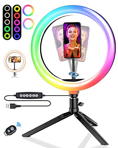 Luz de Anillo LED con Trípode, BlitzWolf 10.2" RGB Anillo de Luz con Soporte de Móvil y Control Remoto Bluetooth, Aro de Luz con 7 RGB Colores Regulable, 10 Niveles de Brillo y 3 Modos de Luz