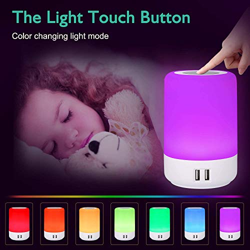Luz de Nocturna LED, Amouhom Lámpara de Mesita de Noche hay 4 puertos USB, puede cambiar el color, ajustar el brillo para proteger los ojos de niños, utilizar en el dormitorio o salón