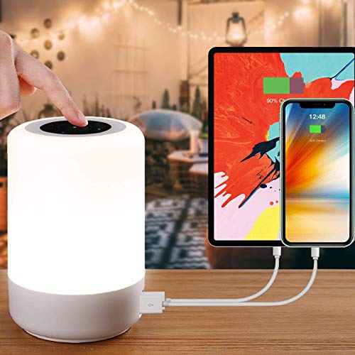 Luz de Nocturna LED, Amouhom Lámpara de Mesita de Noche hay 4 puertos USB, puede cambiar el color, ajustar el brillo para proteger los ojos de niños, utilizar en el dormitorio o salón