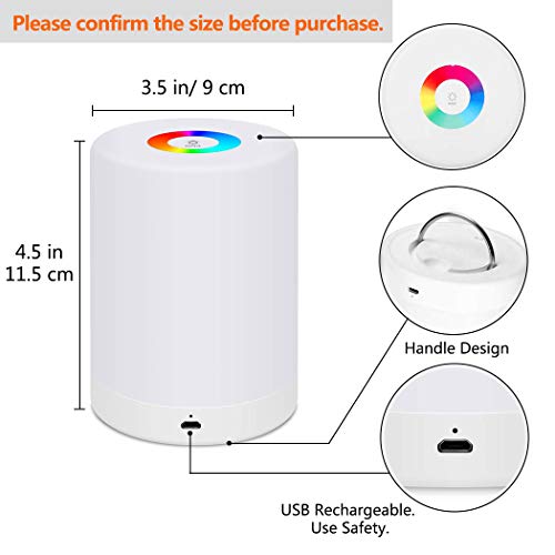 Luz de Nocturna LED, Lámpara de Mesita de Noche Inteligente, Control Tactil, Regulable, USB Recargable, Portátil, Cambio de Color RGB para Niños, Habitación, Cámping (Blanco Cálido)