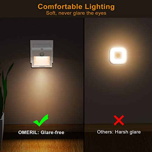 Luz Nocturna con Sensor de Movimiento, OMERIL 2 Pack Luz Nocturna Infantil Enchufe con 3 Modos (AUTO/ON/OFF), Brillo Ajustable, Luz de Noche para Dormitorio, Escalera, Pasillo, Cocina, Sala, Baño